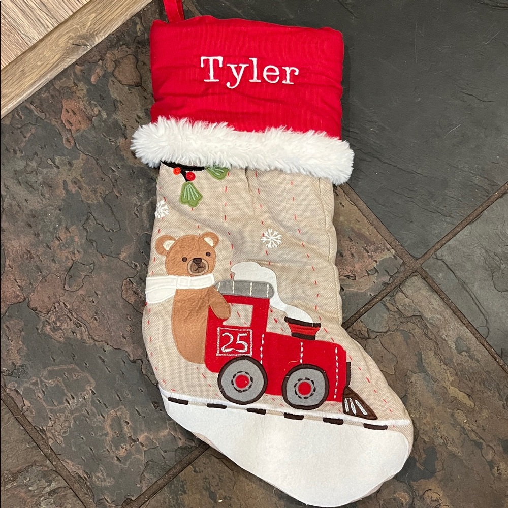 Pottery Barn Christmas Stocking Tyler Tan BEAR red Train White Fur Trim Snow 20”
